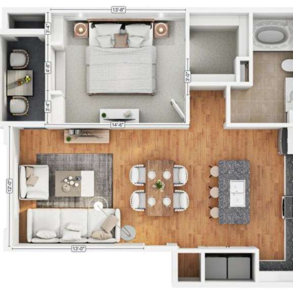 Thumbnail 1 of 6 A floor plan of a two-bedroom apartment with a living room, kitchen, and bathroom.