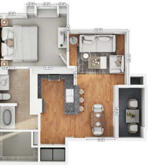 Thumbnail 1 of 6 A floor plan of an apartment with a kitchen, living room, and two bedrooms.