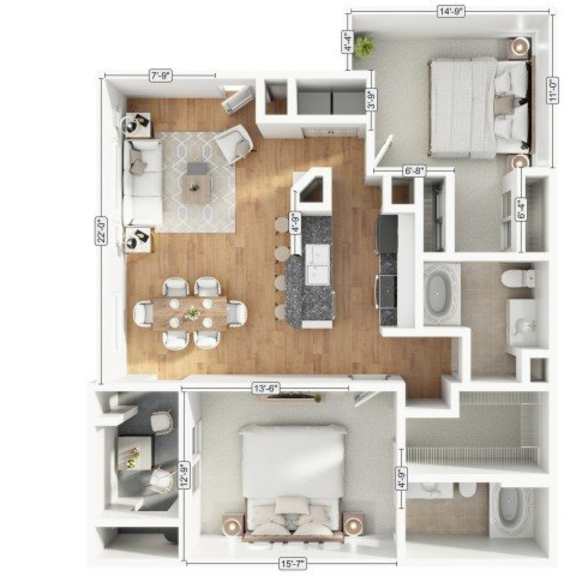 Thumbnail 1 of 6 A floor plan of a two-story apartment with a living room, kitchen, and bedrooms.