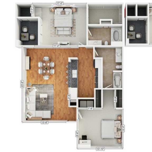 Thumbnail 1 of 7 A floor plan of an apartment with a kitchen, living room, and two bedrooms.