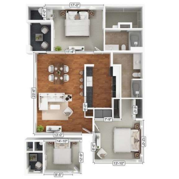 Thumbnail 1 of 7 A floor plan of an apartment with a kitchen, living room, and two bedrooms.