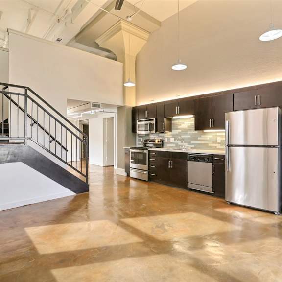 unit 2 living and kitchen at 3333 elm street lofts in deep ellum, dallas, texas, tx