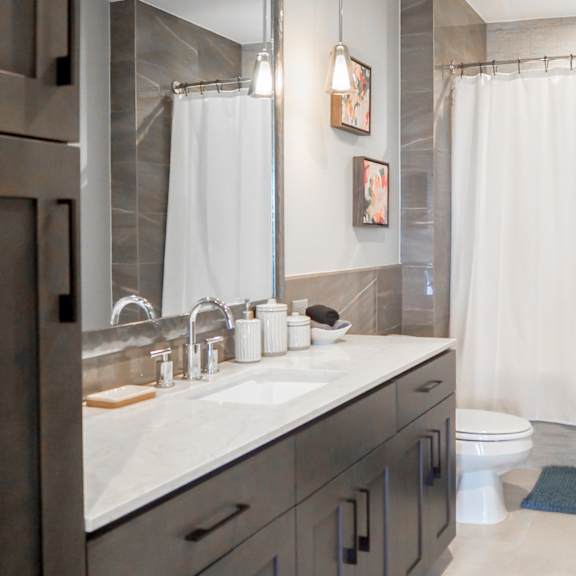 3 bedroom model bathroom with a sink and a toilet and a shower at the hamilton apartments in dallas, tx