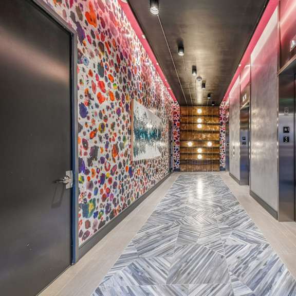 elevator hallway at the hamilton at the epic in deep ellum, dallas, texas, tx