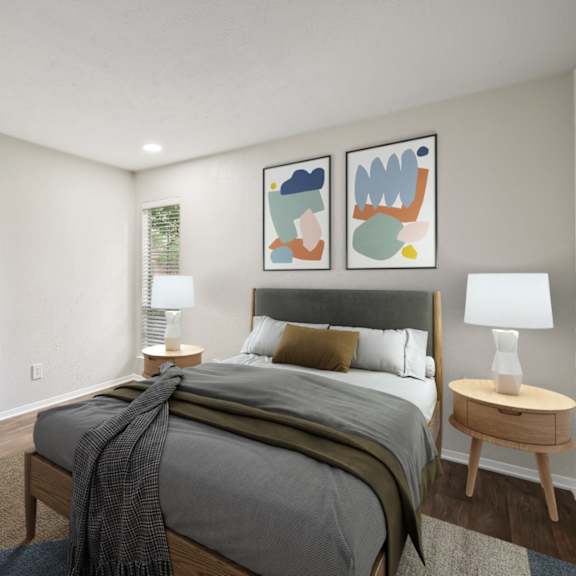 a bedroom with a large bed and a closet at woodlands of plano in plano, tx