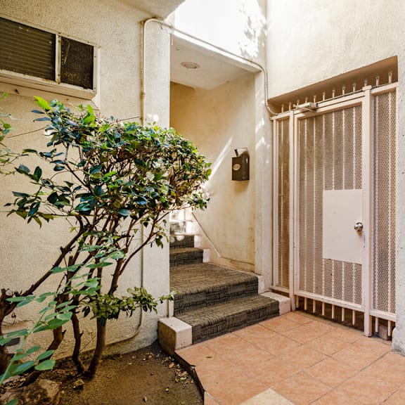 the entrance to a house with a potted plant and a door