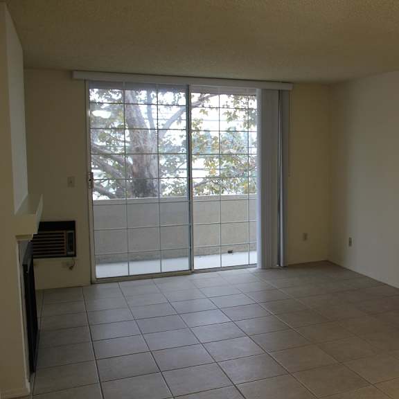 a room with a sliding glass door leading to a tree.
