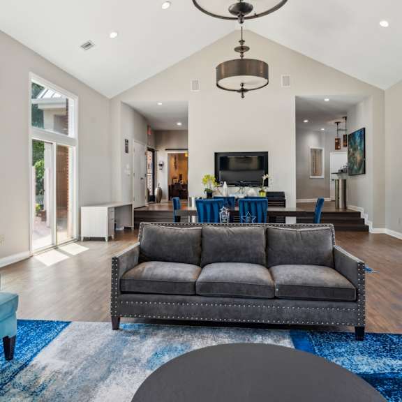 a living room with a grey couch and a blue rug. at the timbers apartments, virginia, 23235