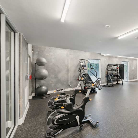 a gym with exercise equipment and a mirror on the wall at south falls tower apartments, richmond