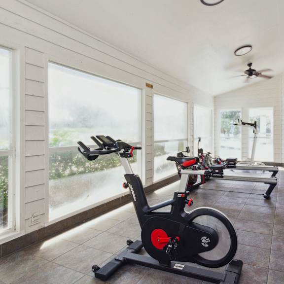 a row of exercise bikes in a room with windows at the villages of banyan grove, florida, 33436