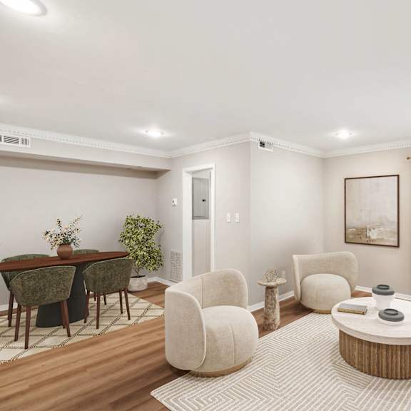 a living room with a couch and chairs and a table at lake johnson mews, raleigh, nc, 27606