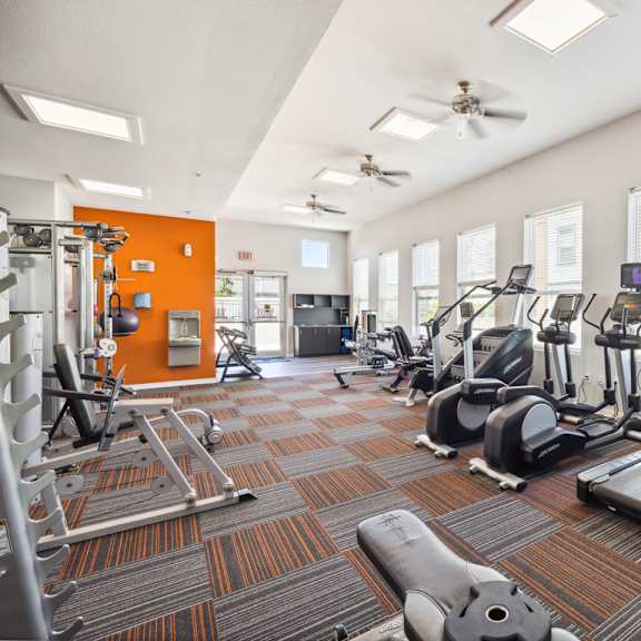 fitness center with cardio machines  at 45 madison apartments, missouri, 64111