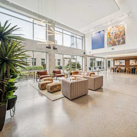 modern lobby lounge space at locks tower, richmond va
