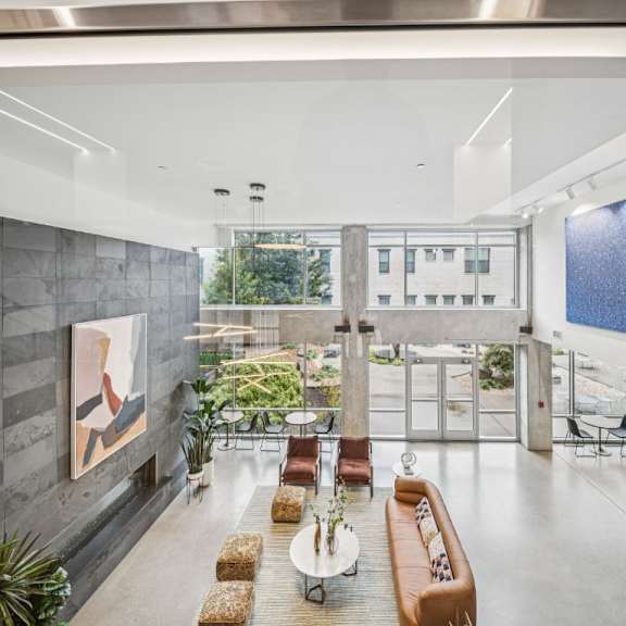 seating area inside locks tower lobby lounge in richmond, virginia