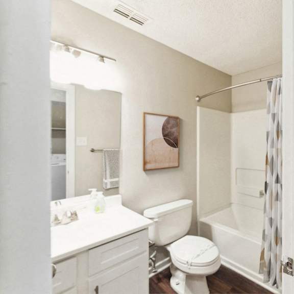 a bathroom with a shower and a toilet and a sink at ashton creek, chester, virginia