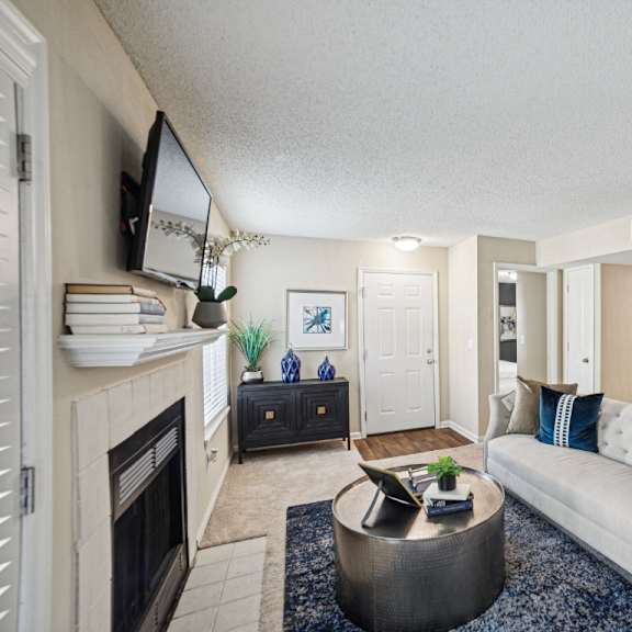 a living room with a fireplace and a couch at willow ridge apartments, north carolina, 28210