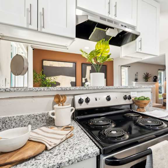 a modern kitchen with a stove top oven and a cutting board with a bowl and utensils on it. at woodcreek apartments, cary, north carolina