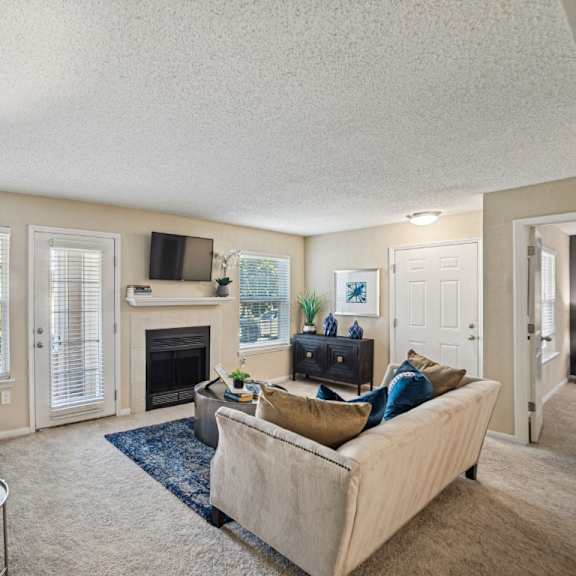 a living room with a fireplace and a couch at willow ridge apartments, north carolina, 28210