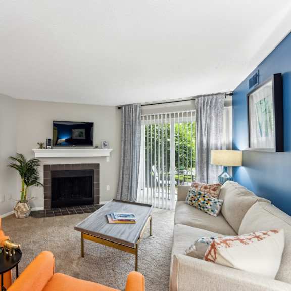 a living room with a fireplace, a painting on the wall, and a television at chinoe creek apartments, kentucky