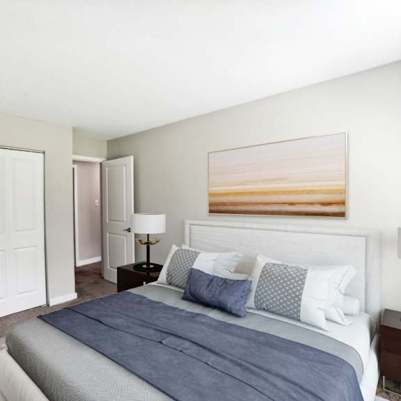 bedroom with closet at lakecrest apartments, prg real estate management, greenville, sc