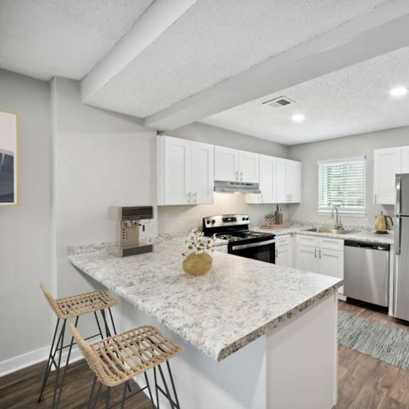 kitchen at lakecrest apartments, prg real estate management, greenville, sc