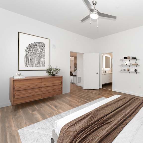 bedroom with ceiling fan at the locks tower, richmond, virginia