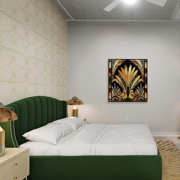 Thumbnail 7 of 7 A bedroom with a green headboard and a wooden cabinet.