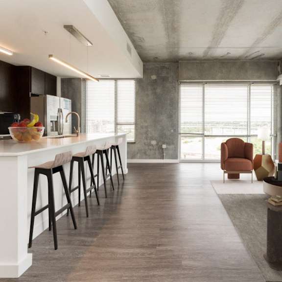 open space kitchen and living room at south falls tower, richmond, va