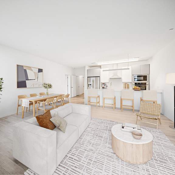 living room with kitchen area at the locks tower, virginia