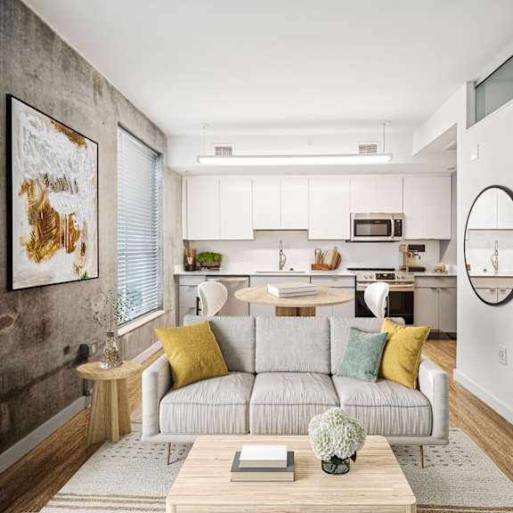 living room with kitchen view at the locks tower, richmond, virginia