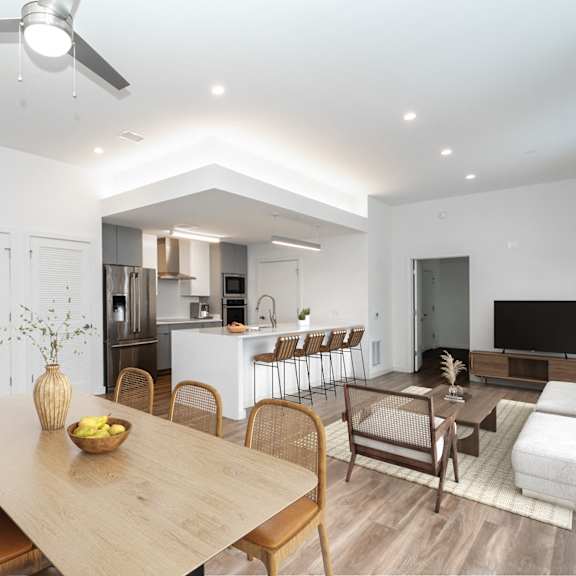 living area with kitchen view at the locks tower, richmond, va, 23219
