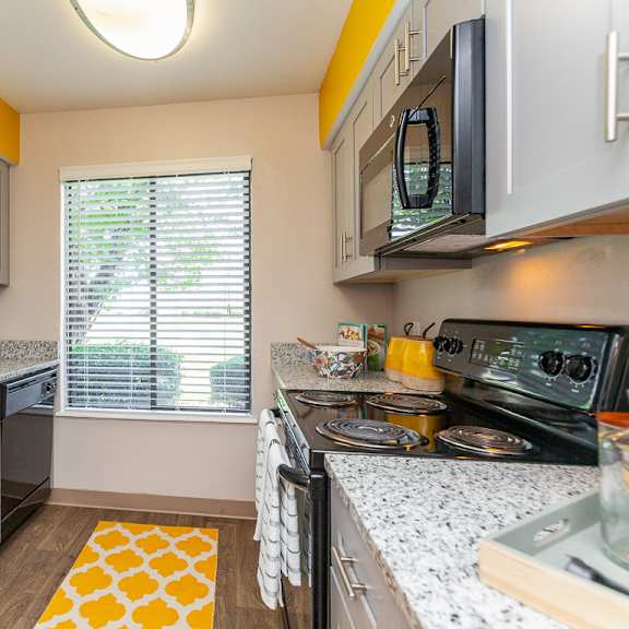 fully furnished kitchen with stainless steel appliances at the reserve at barry apartments, missouri