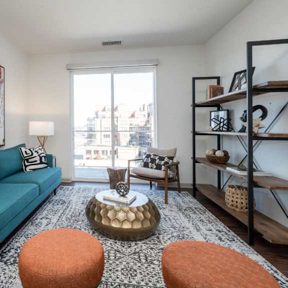 modern living room at east 51 at rocketts landing, richmond, va