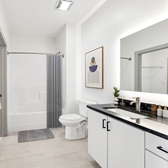 a bathroom with a toilet, sink, and shower at the point apartments on 38th, norfolk, virginia