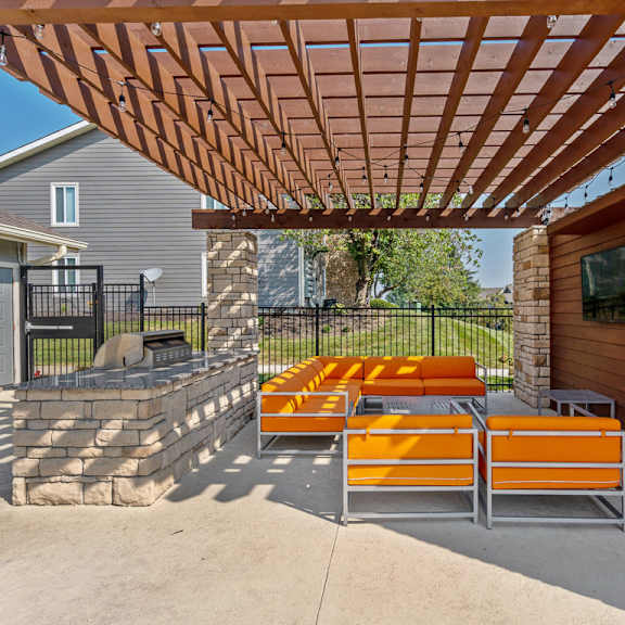 patio with pergola at the reserve at barry apartments, kansas city, missouri