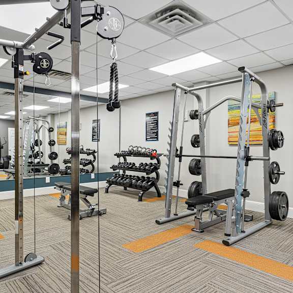 a gym with a variety of equipment including weights and weight machines.