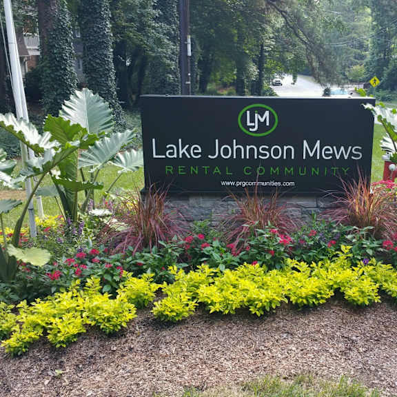 property sign at lake johnson mews apartments, prg real estate management, raleigh