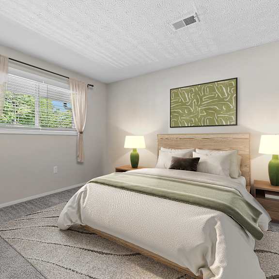 bedroom with large windows, plush carpeting and abundant natural light