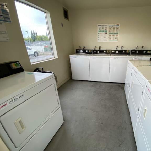 a laundromat with a row of washers and dryers.
