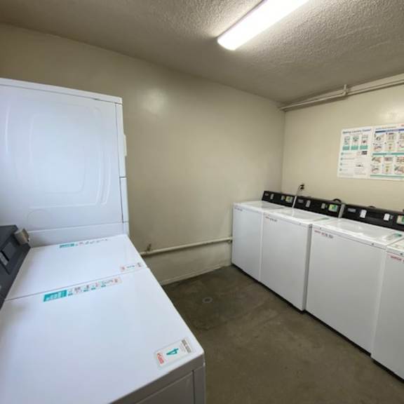a row of washing machines in a laundry room.