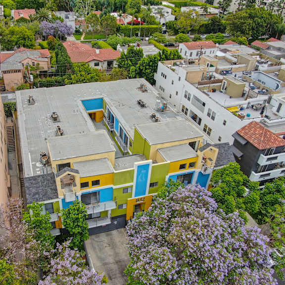 ariel drone shot over the top of the croft plaza  community,at croft plaza apartments, california