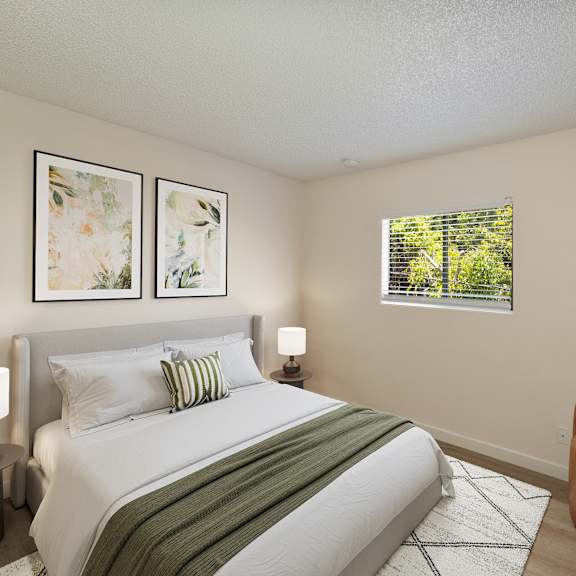 a bedroom with a bed and a chair at croft plaza apartments, california