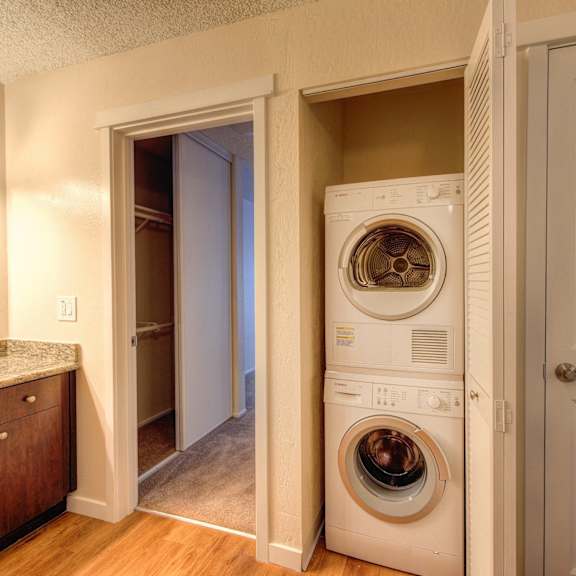 in unit washer dryer and bathroom vanity at the retreat at walnut creek, walnut creek