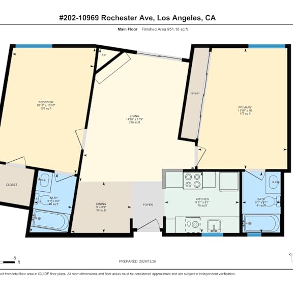 Thumbnail 2 of 3 A floor plan for a 2 bedroom 2 bathroom apartment located at 10969 Rochester Ave, Los Angeles, CA.