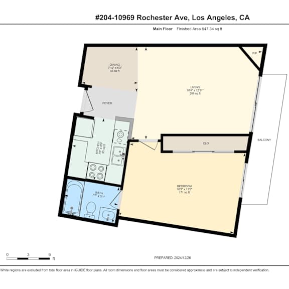 Thumbnail 2 of 3 A floor plan for a 1 bedroom 1 bathroom apartment located at 10969 Rochester Ave, Los Angeles, CA.