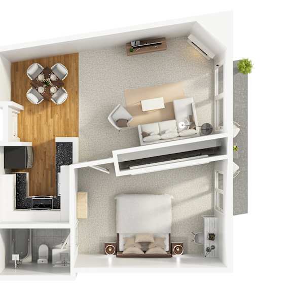 Thumbnail 1 of 3 A modern 3D floor plan for a 1 bedroom 1 bathroom apartment with furnitures.