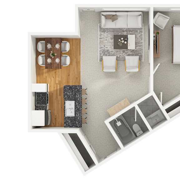 Thumbnail 1 of 3 A modern 3D floor plan of a 1 bedroom 1 bathroom apartment with furnitures.