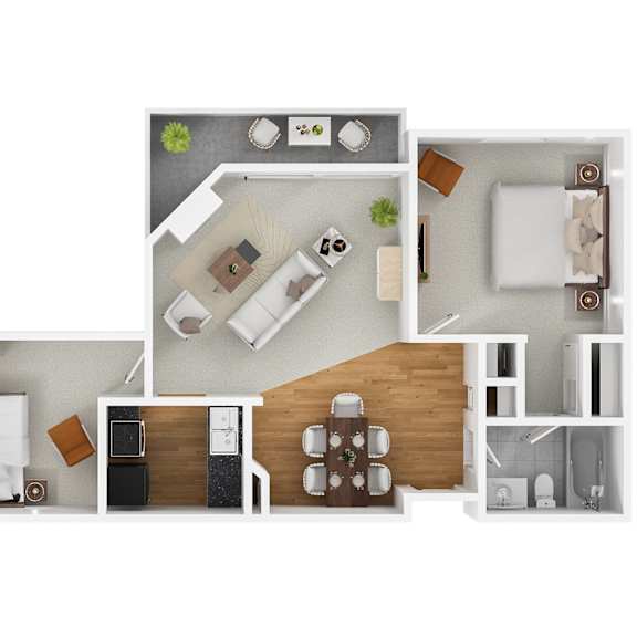 Thumbnail 1 of 3 A modern 3D floor plan of a 2 bedroom 2 bathroom apartment with furnitures.