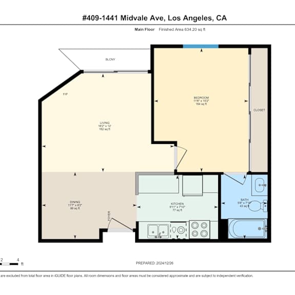 Thumbnail 2 of 3 A 1 bedroom 1 bathroom floor plan for a property at 1441 Midvale Ave, Los Angeles, CA.