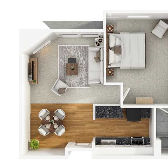 Thumbnail 1 of 3 A modern 3D floor plan of a 1 bedroom 1 bathroom apartment with furnitures.
